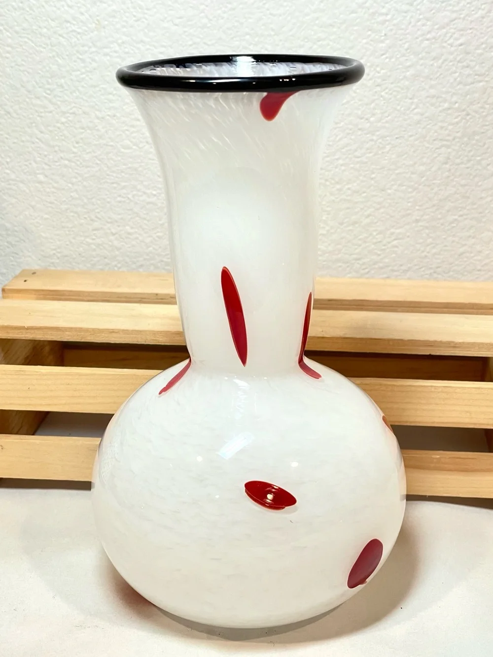 Mottled White w Red Abstract Polka Dots Black Top Rim Glass Art Vase | EUC